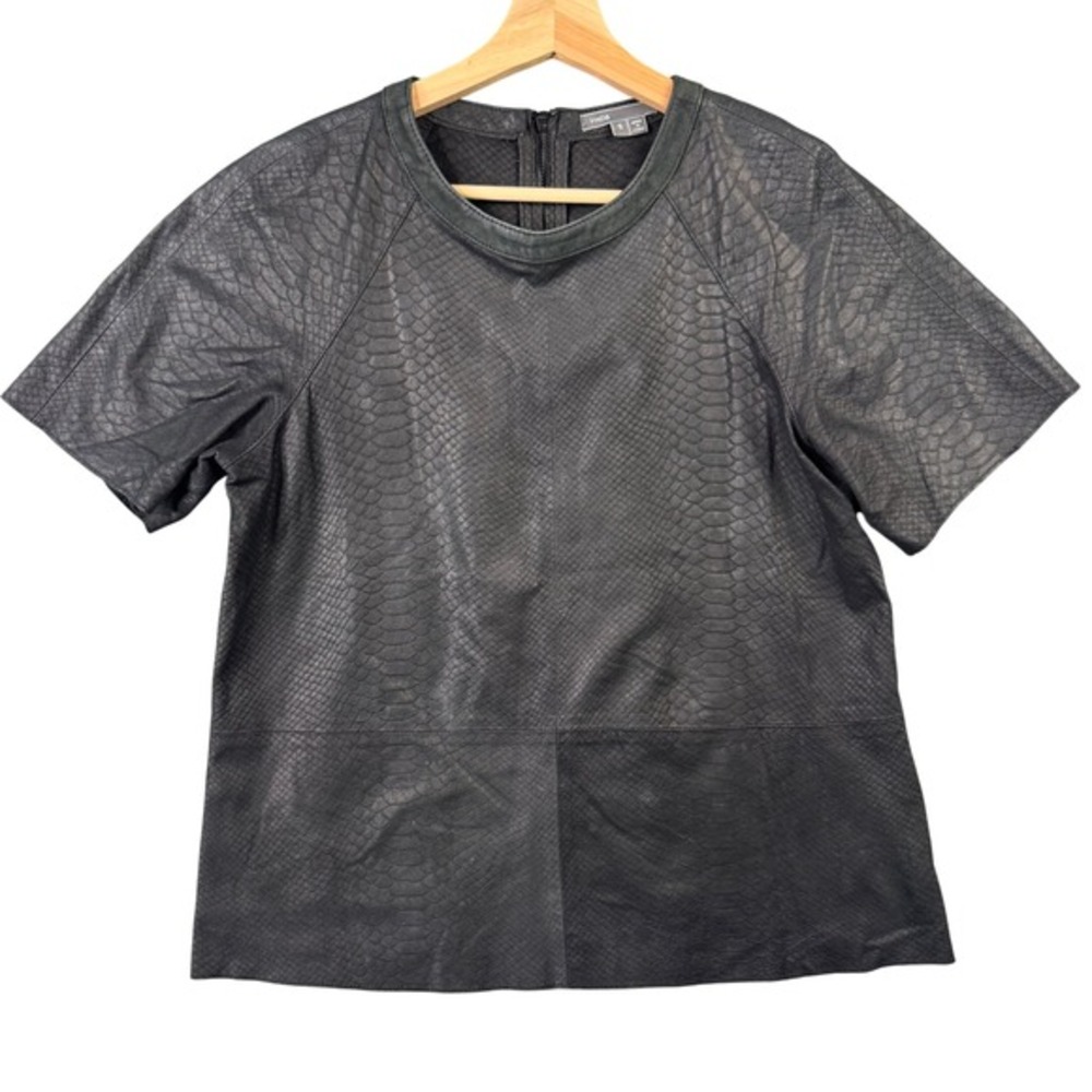 Vince Soldvince Snake Embossed Leather Short Sleeve Top Black Womens Small Shirt